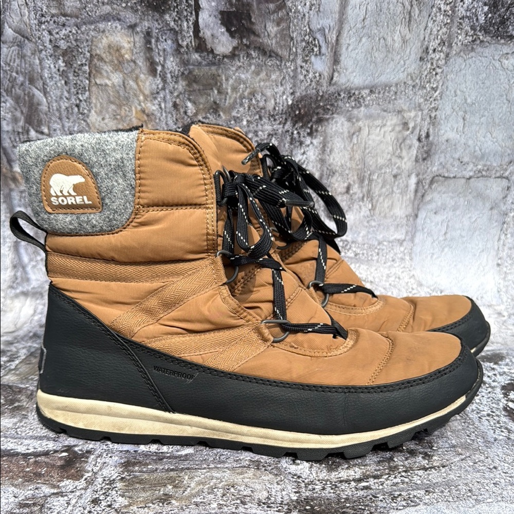 Sorel Whitney Tan and Black Winter Rain Boots with Insulated Comfort